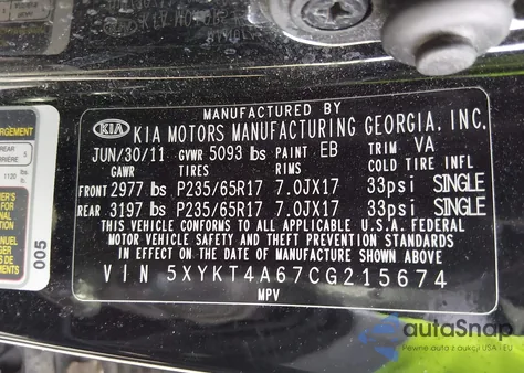 2012 Kia Sorento Lx z USA, uszkodzony, nr VIN 5XYKT4A67CG215674